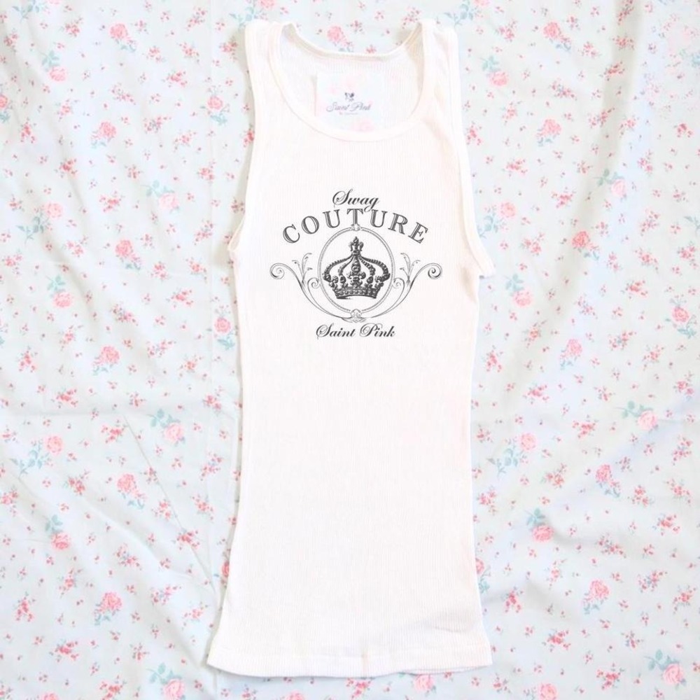 swag couture crown ribbed tank top y2k mcbling saint pink - Picture 1 of 1